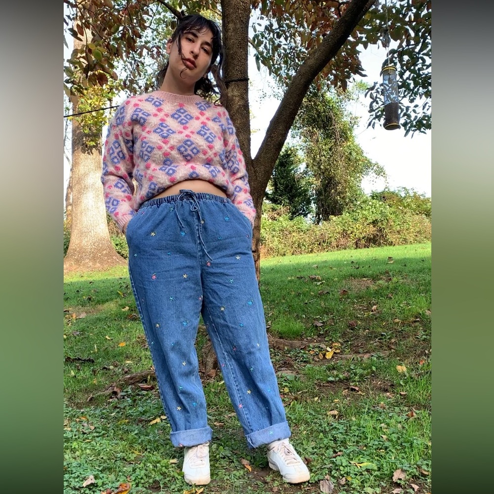 Vintage Embroidered Floral Drawstring Jeans 💐💐💐